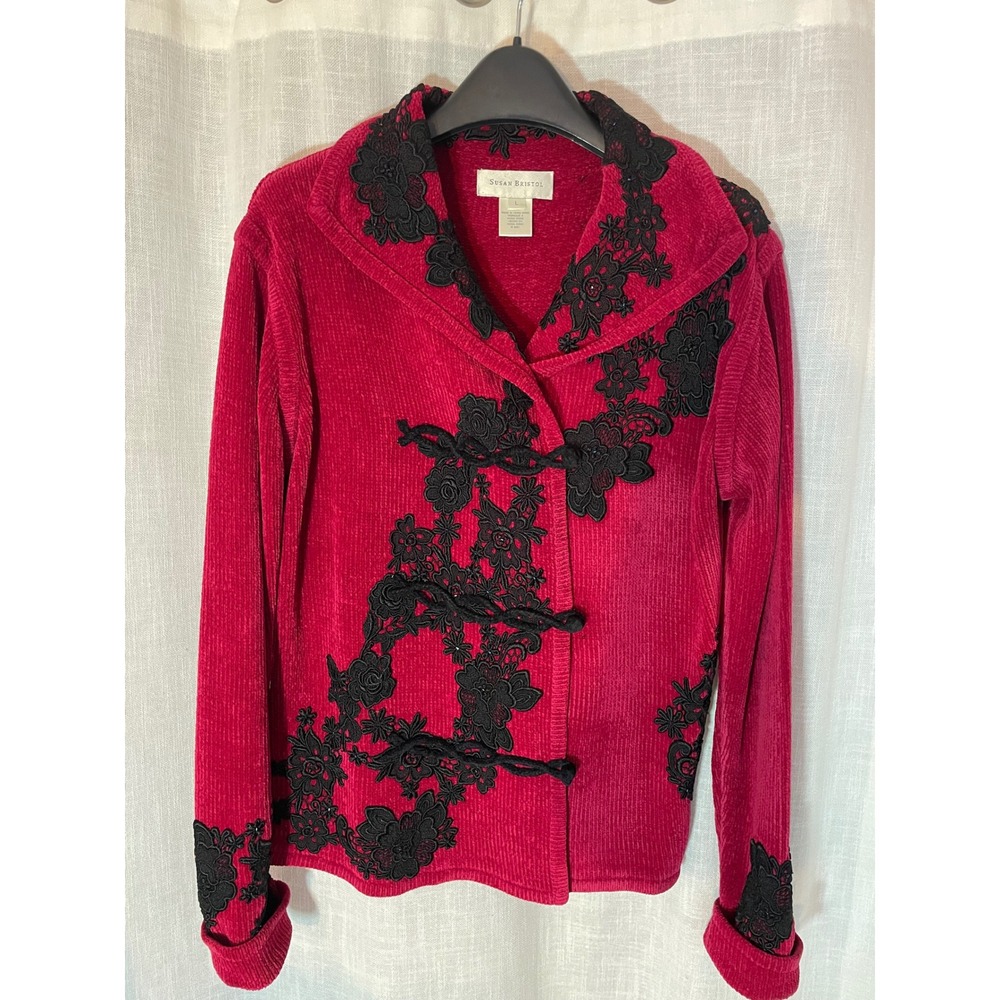 Vintage‎ Susan Bristol Chenille Sweater Jacket Lace Applique Rose Red Size L EUC